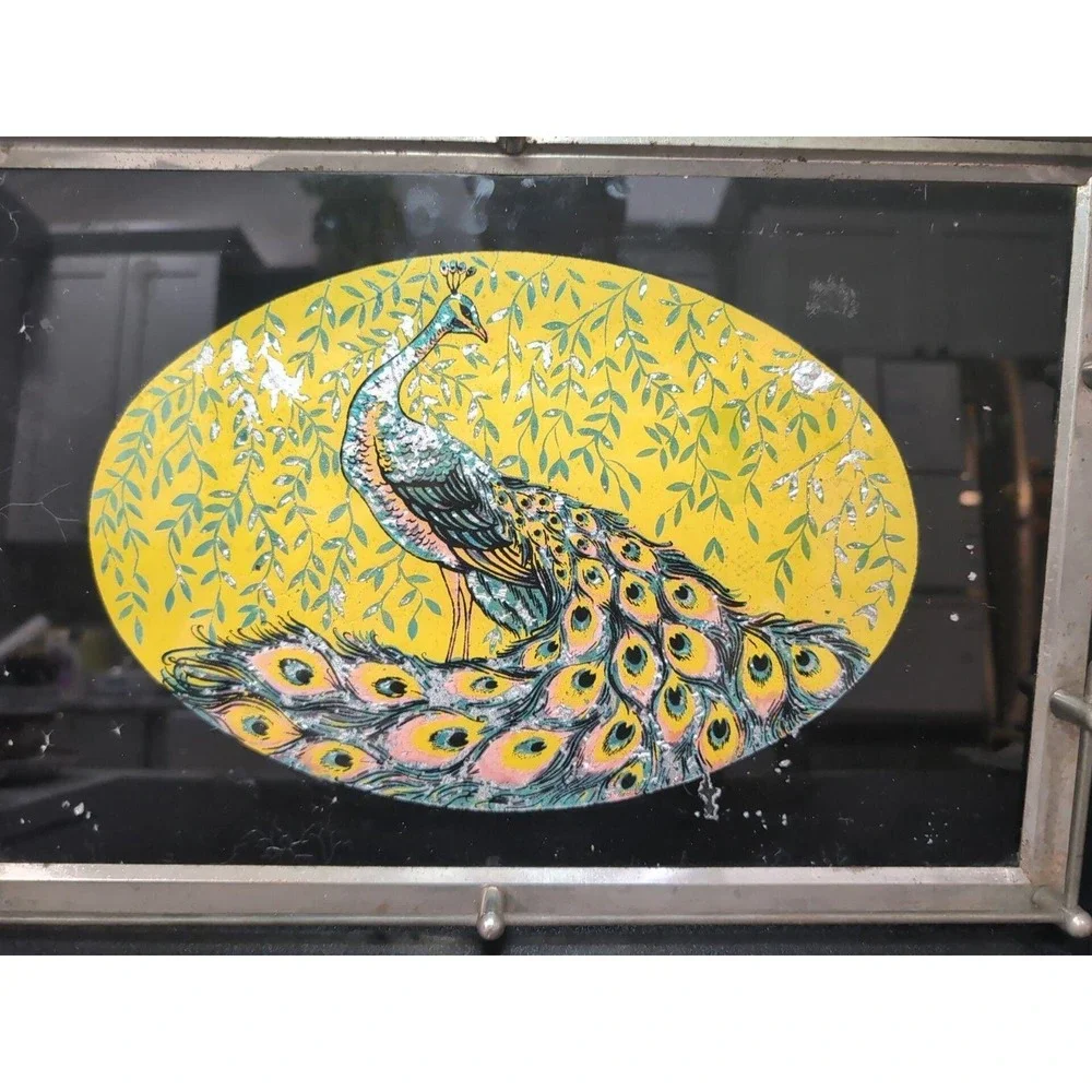 Peacock Serving Tray with Gold Foil Backing, Vintage Reverse Painted Carrier - Picture 5 of 10